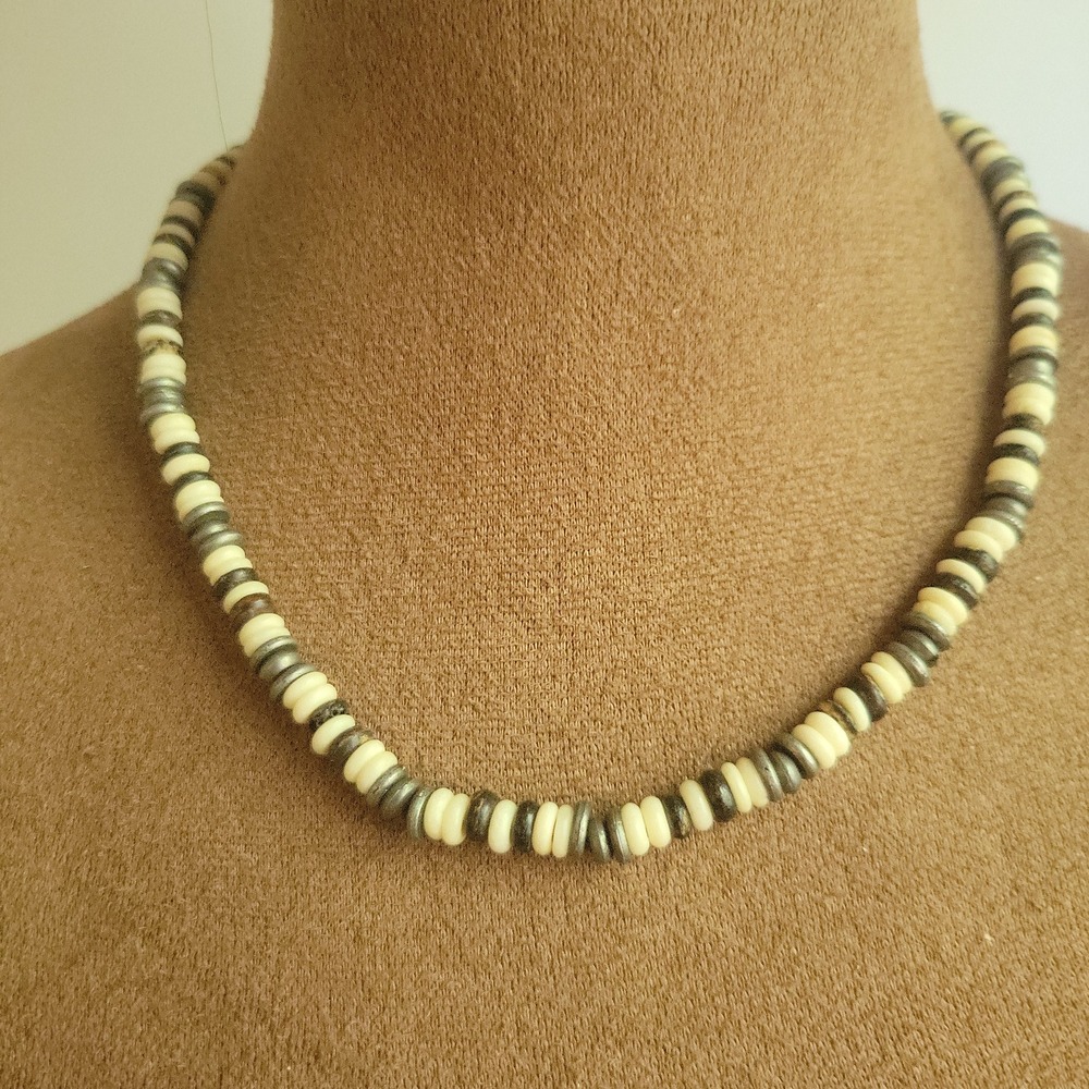 Vintage Neutral Cream and Silver Beaded Choker Necklace 18 Inch Beachcore
